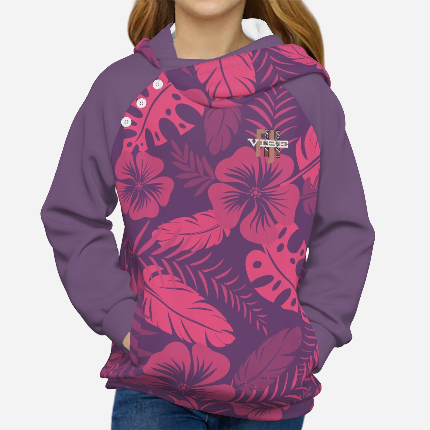 All-Over Print Girl's Cross Neck Hoodie Half Button Sweatshirt "FijiVibe" Pink Floral