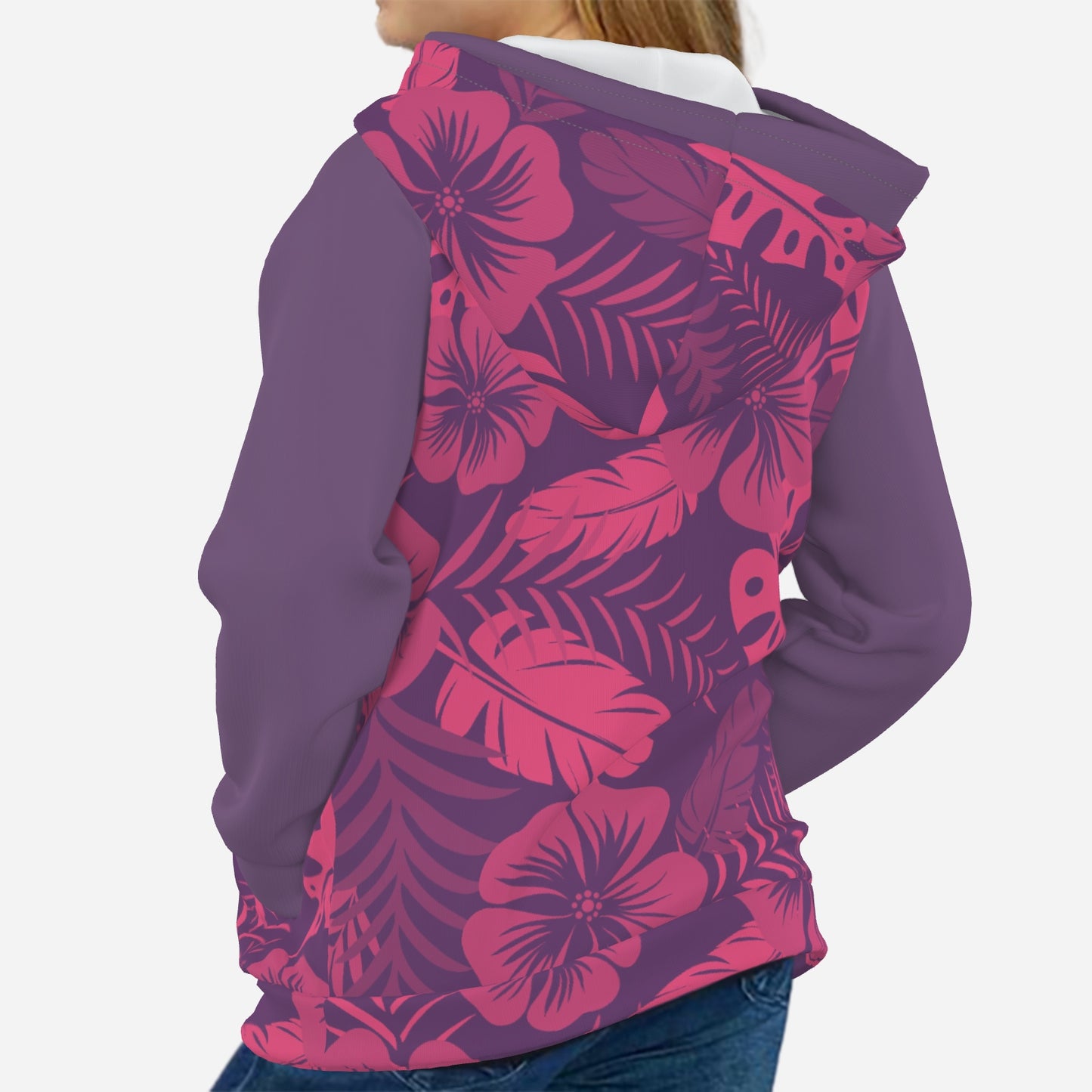 All-Over Print Girl's Cross Neck Hoodie Half Button Sweatshirt "FijiVibe" Pink Floral