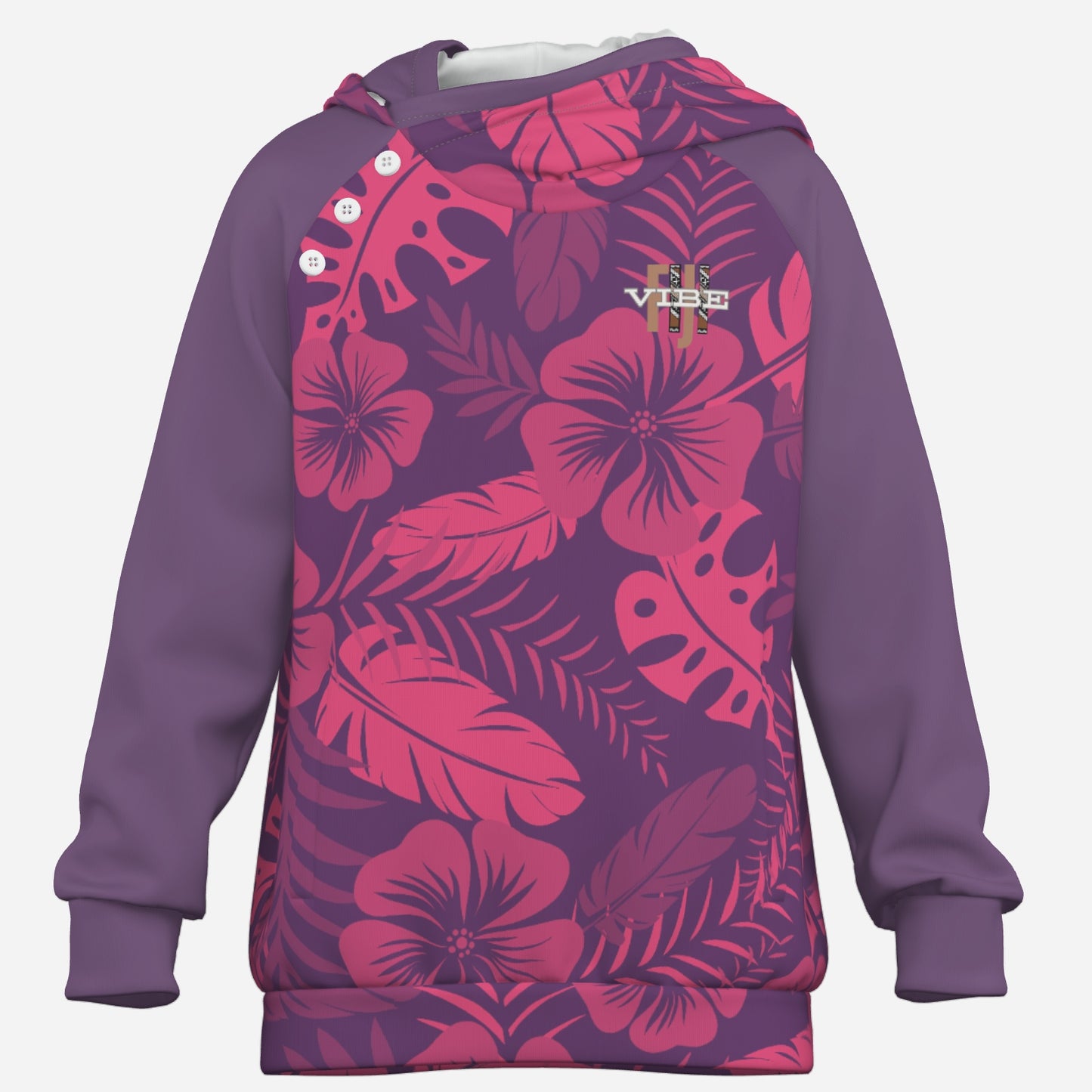 All-Over Print Girl's Cross Neck Hoodie Half Button Sweatshirt "FijiVibe" Pink Floral