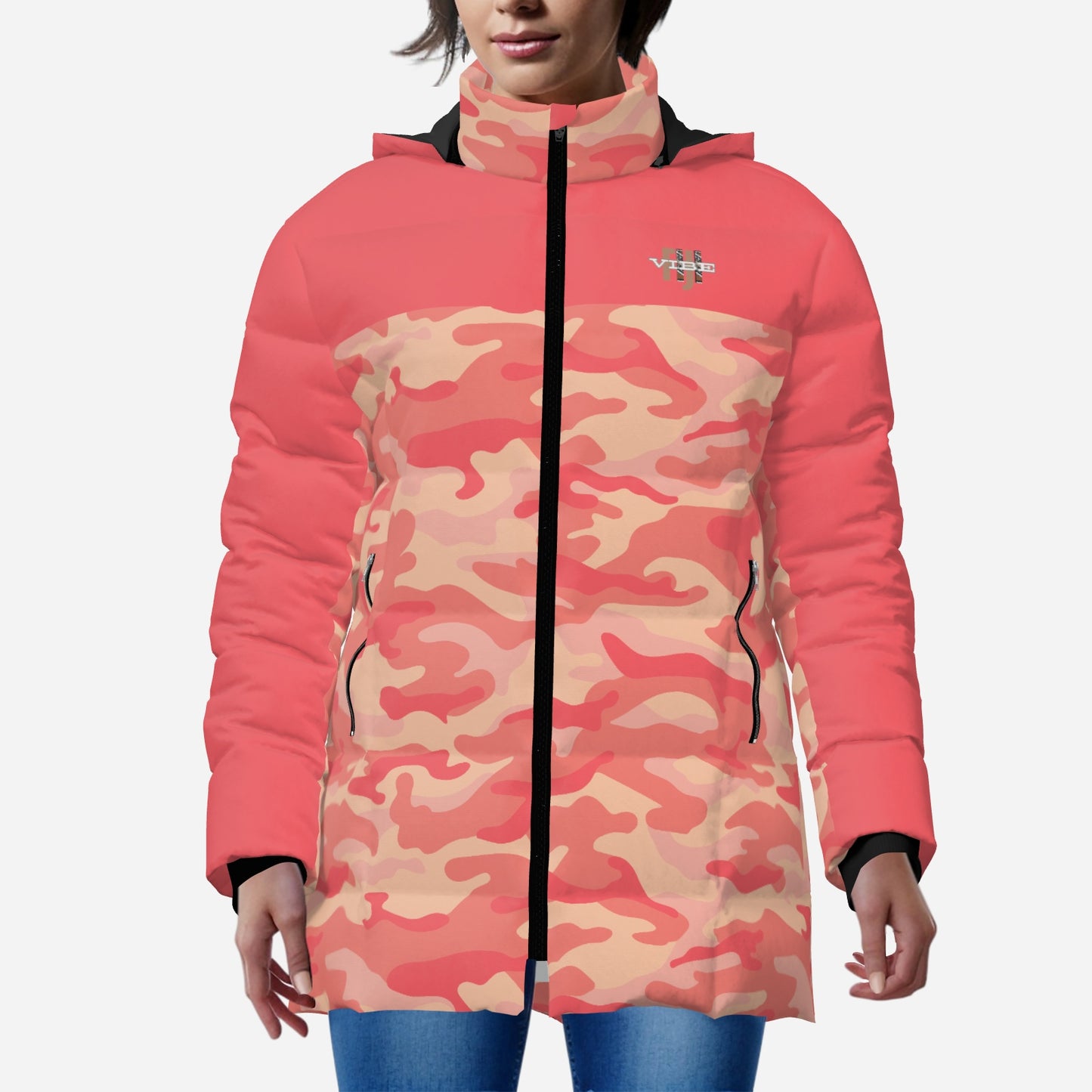"FijiVibe" (Coral Camo) Women's Zipper Thicken Jacket Coat