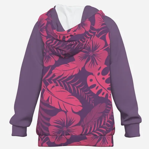 All-Over Print Girl's Cross Neck Hoodie Half Button Sweatshirt - FijiVibe Pink Floral Print