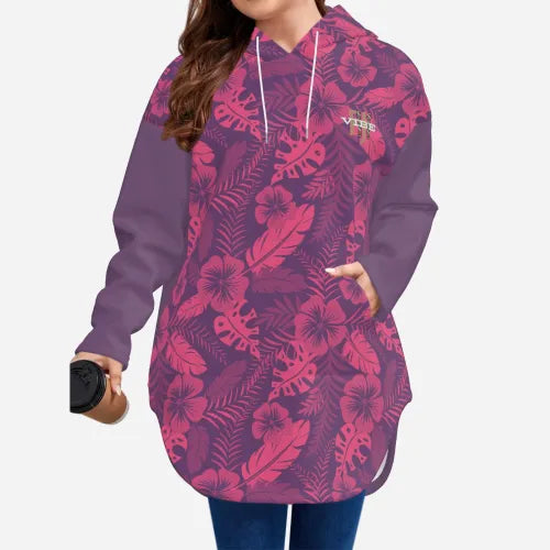 All-Over Print Women's Long Pullover Hoodie Curved Hem - FijiVibe Pink Floral