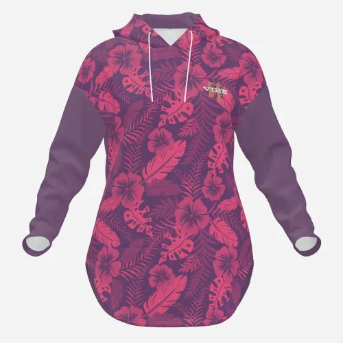 All-Over Print Women's Long Pullover Hoodie Curved Hem - FijiVibe Pink Floral