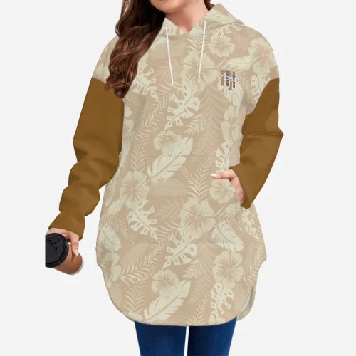 All-Over Print Women's Long Pullover Hoodie Curved Hem - FijiVibe Beige Floral