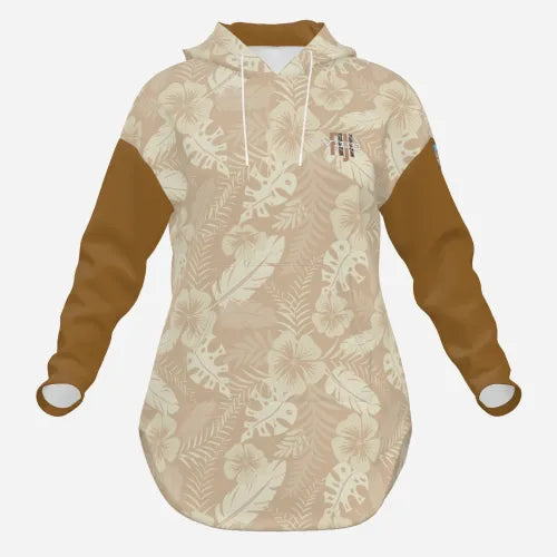 All-Over Print Women's Long Pullover Hoodie Curved Hem - FijiVibe Beige Floral