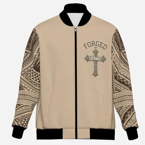 All-Over Print Unisex Bomber Jacket Stand Collar Zip Up Long Sleeve - "Forged in Faith" Beige