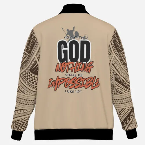 All-Over Print Unisex Bomber Jacket Stand Collar Zip Up Long Sleeve - "Forged in Faith" Beige