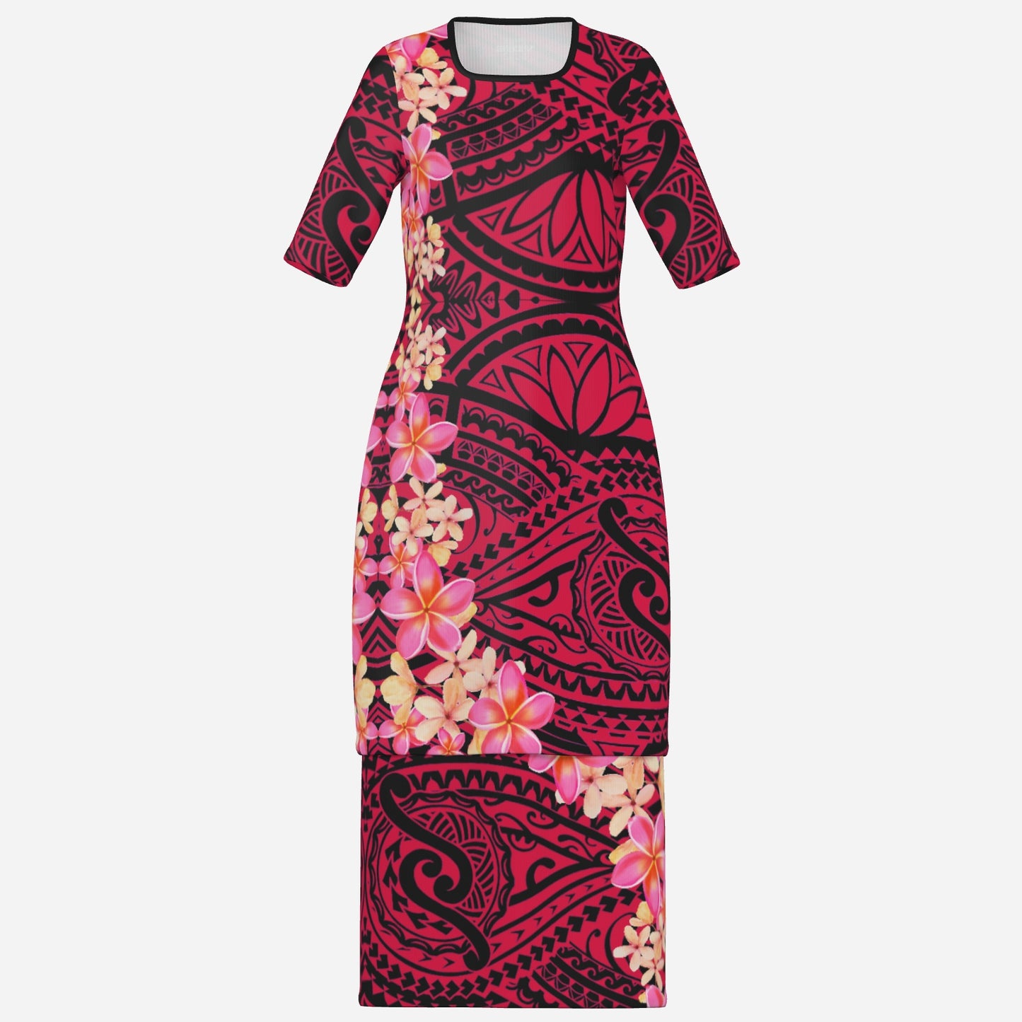 FijiVibe - Black/Pink Tribal Floral Women's Square Neck Long Dress