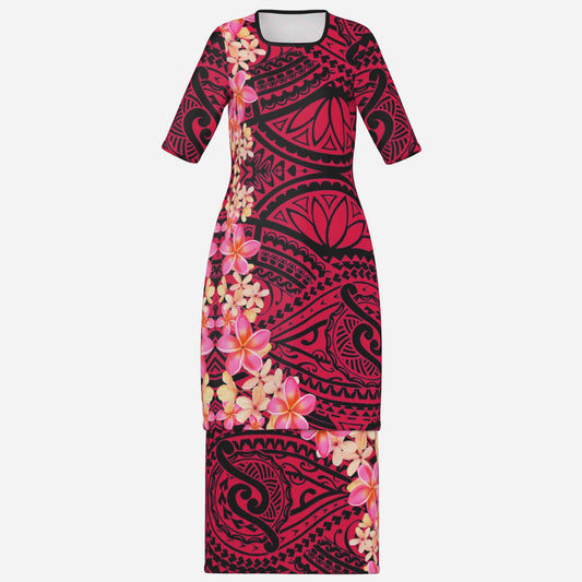 FijiVibe - Black/Pink Tribal Floral Women's Square Neck Long Dress
