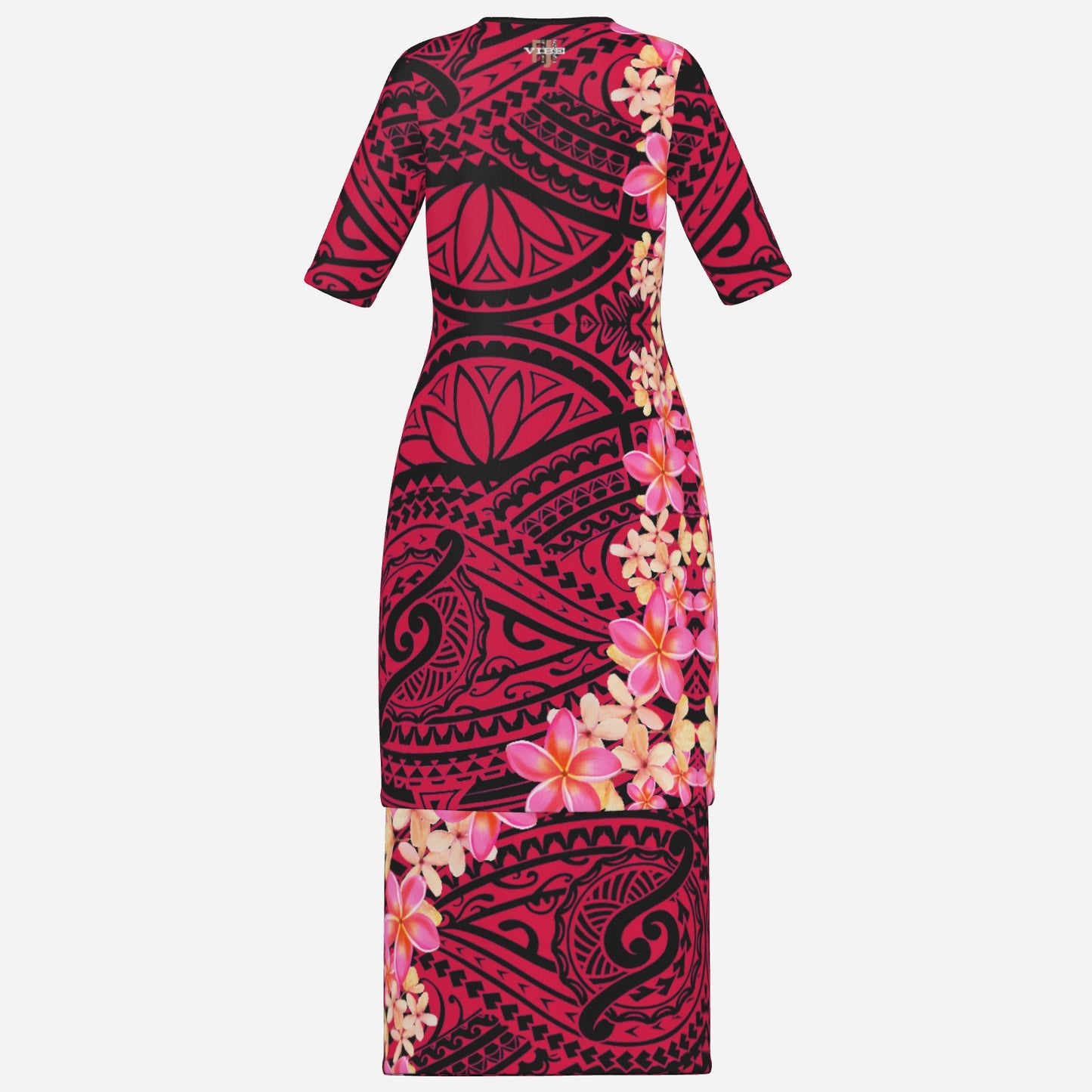 FijiVibe - Black/Pink Tribal Floral Women's Square Neck Long Dress