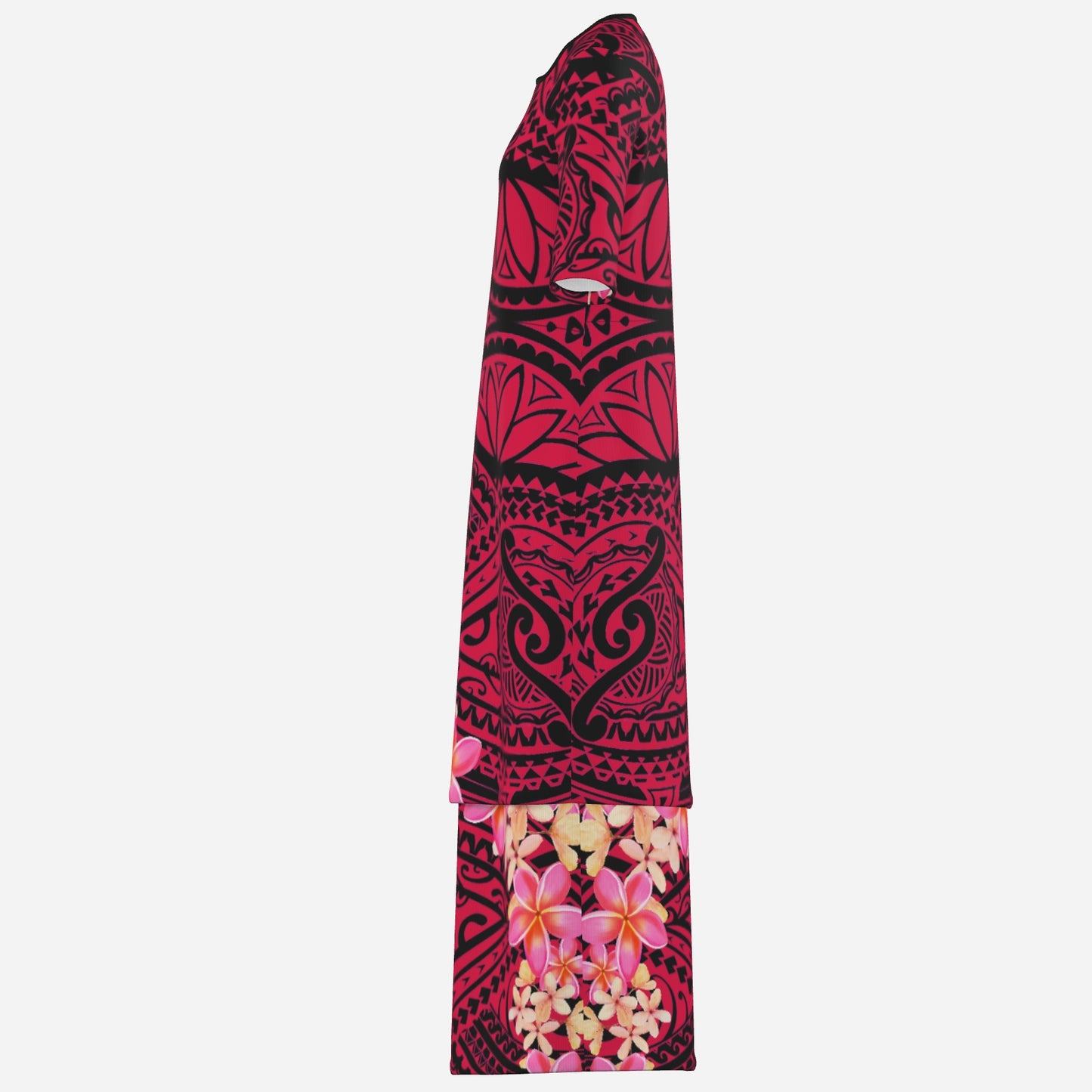 FijiVibe - Black/Pink Tribal Floral Women's Square Neck Long Dress