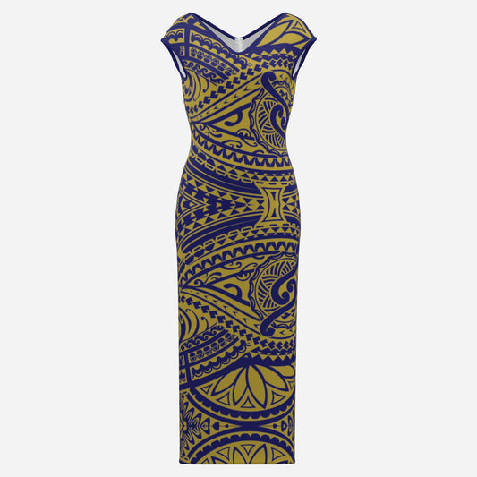 FijiVibe - Blue/Gold tribal Women's V Neck Long Dress-High Elasticity