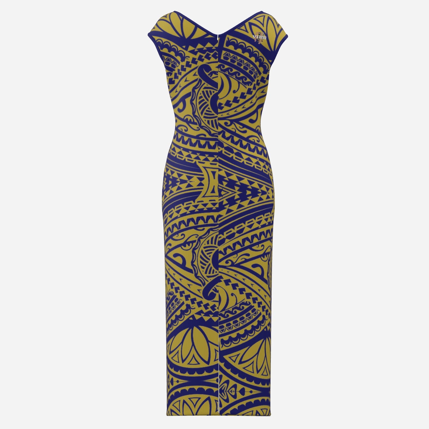 FijiVibe - Blue/Gold tribal Women's V Neck Long Dress-High Elasticity