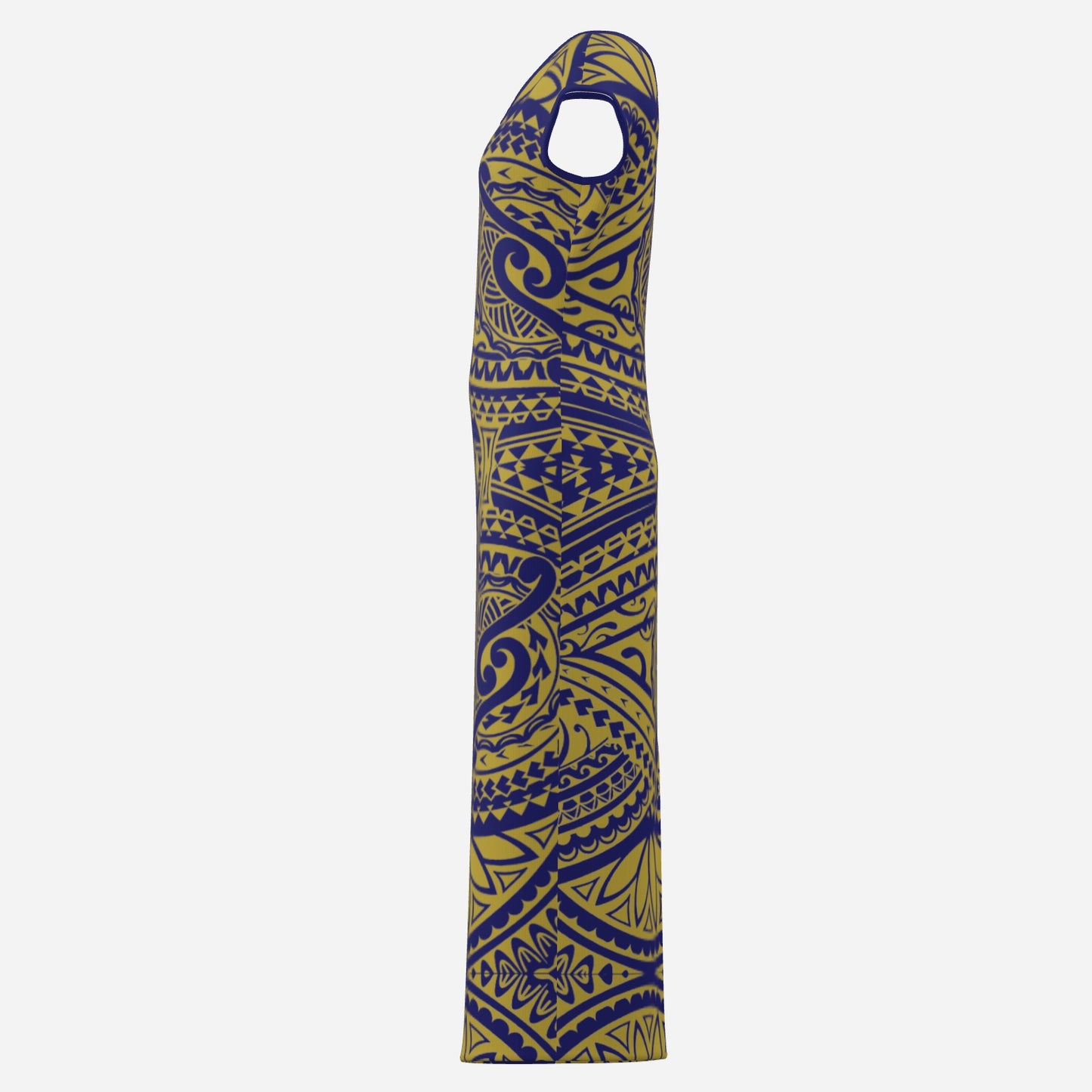 FijiVibe - Blue/Gold tribal Women's V Neck Long Dress-High Elasticity