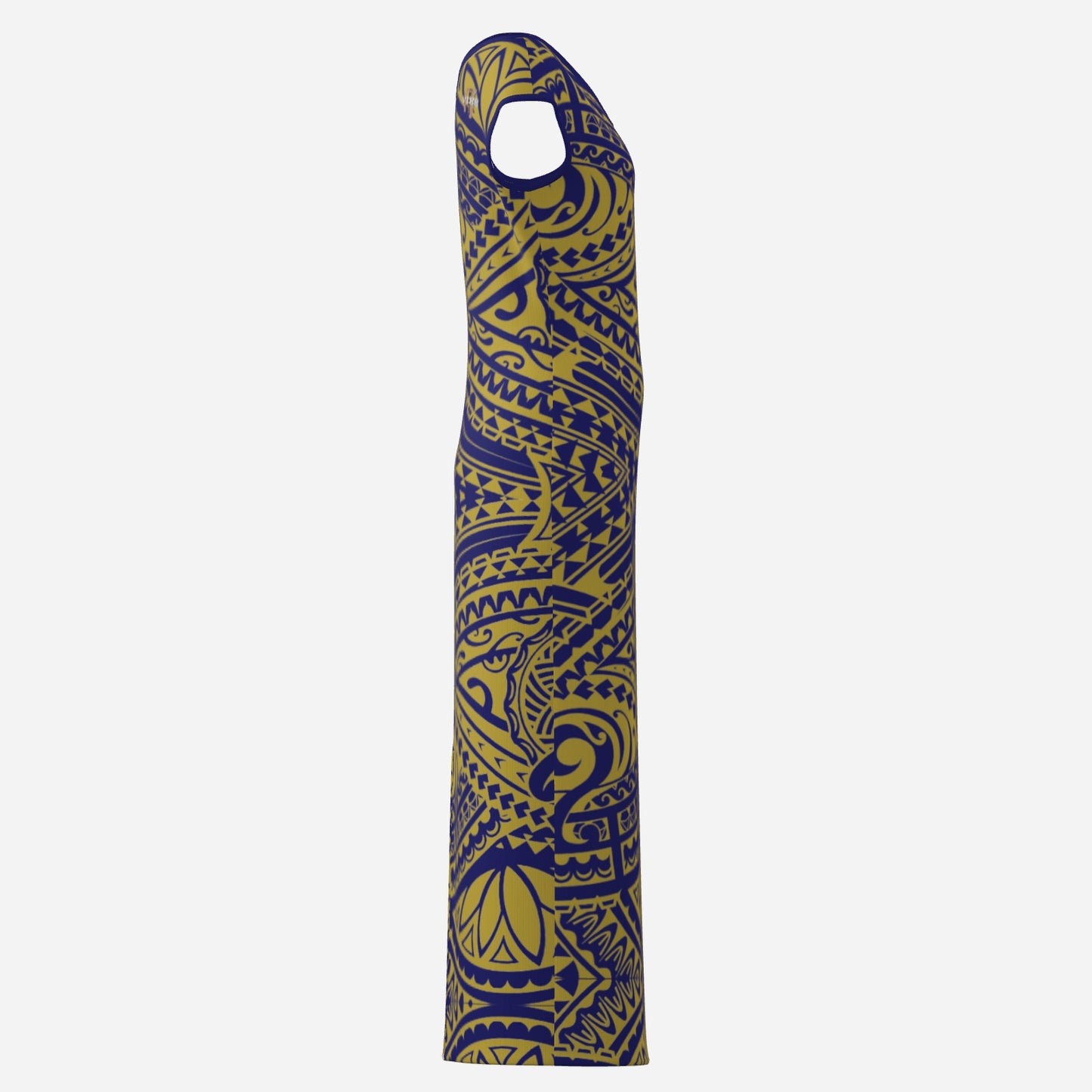 FijiVibe - Blue/Gold tribal Women's V Neck Long Dress-High Elasticity
