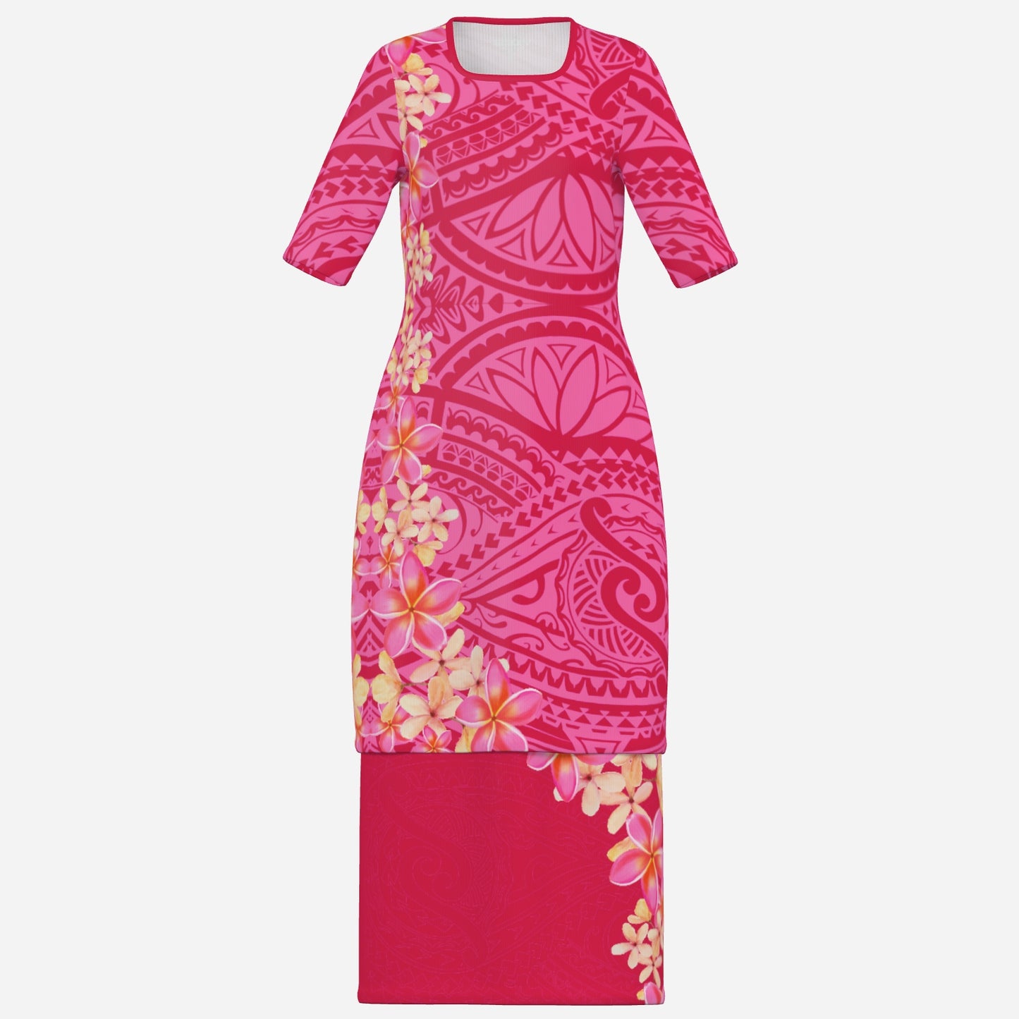 FijiVibe - Pink tribal Women's Square Neck Long Dress