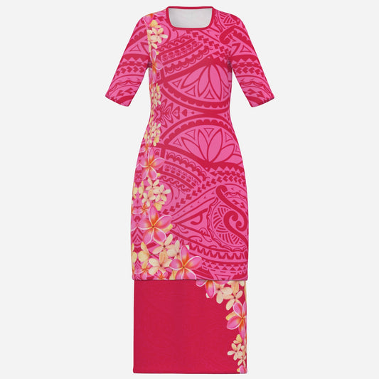 FijiVibe - Pink tribal Women's Square Neck Long Dress