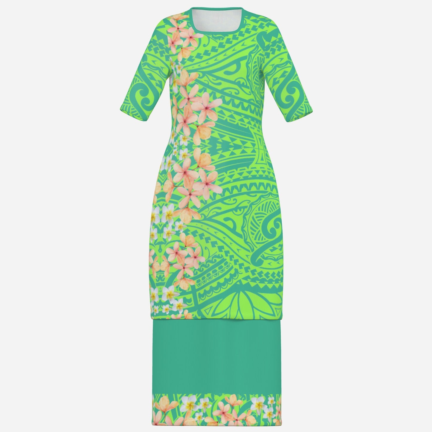 FijiVibe - Limegreen/Green tribal Women's Square Neck Long Dress
