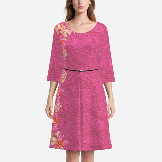 FijiVibe Pink Tribal Women's 3/4 Sleeve Dress with Belt