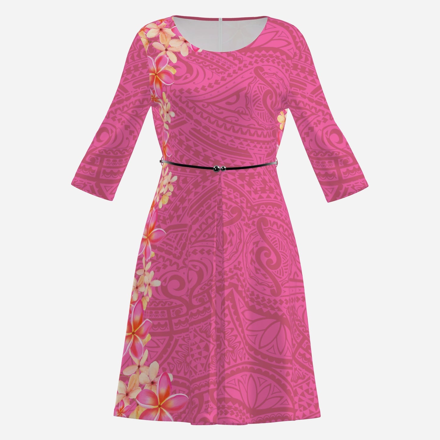 FijiVibe Pink Tribal Women's 3/4 Sleeve Dress with Belt