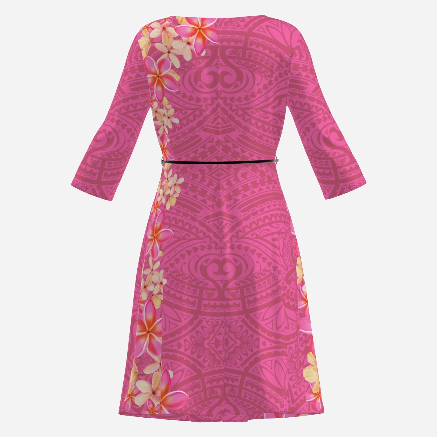 FijiVibe Pink Tribal Women's 3/4 Sleeve Dress with Belt