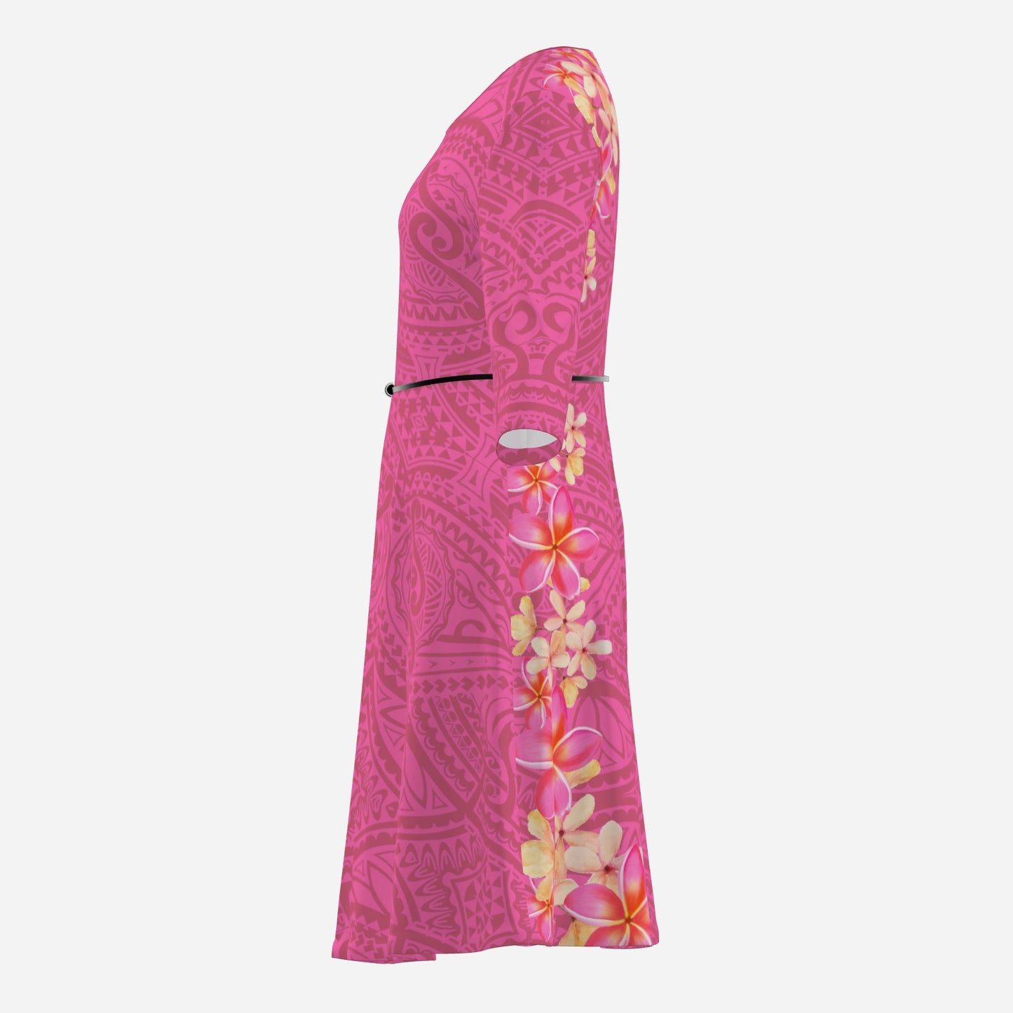 FijiVibe Pink Tribal Women's 3/4 Sleeve Dress with Belt