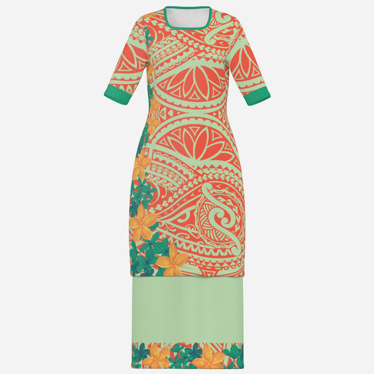FijiVibe - Orange Tribal Women's Square Neck Long Dress Jaba