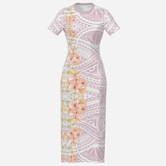 FijiVibe Pink Tribal Women's O Neck Slim Long Dress