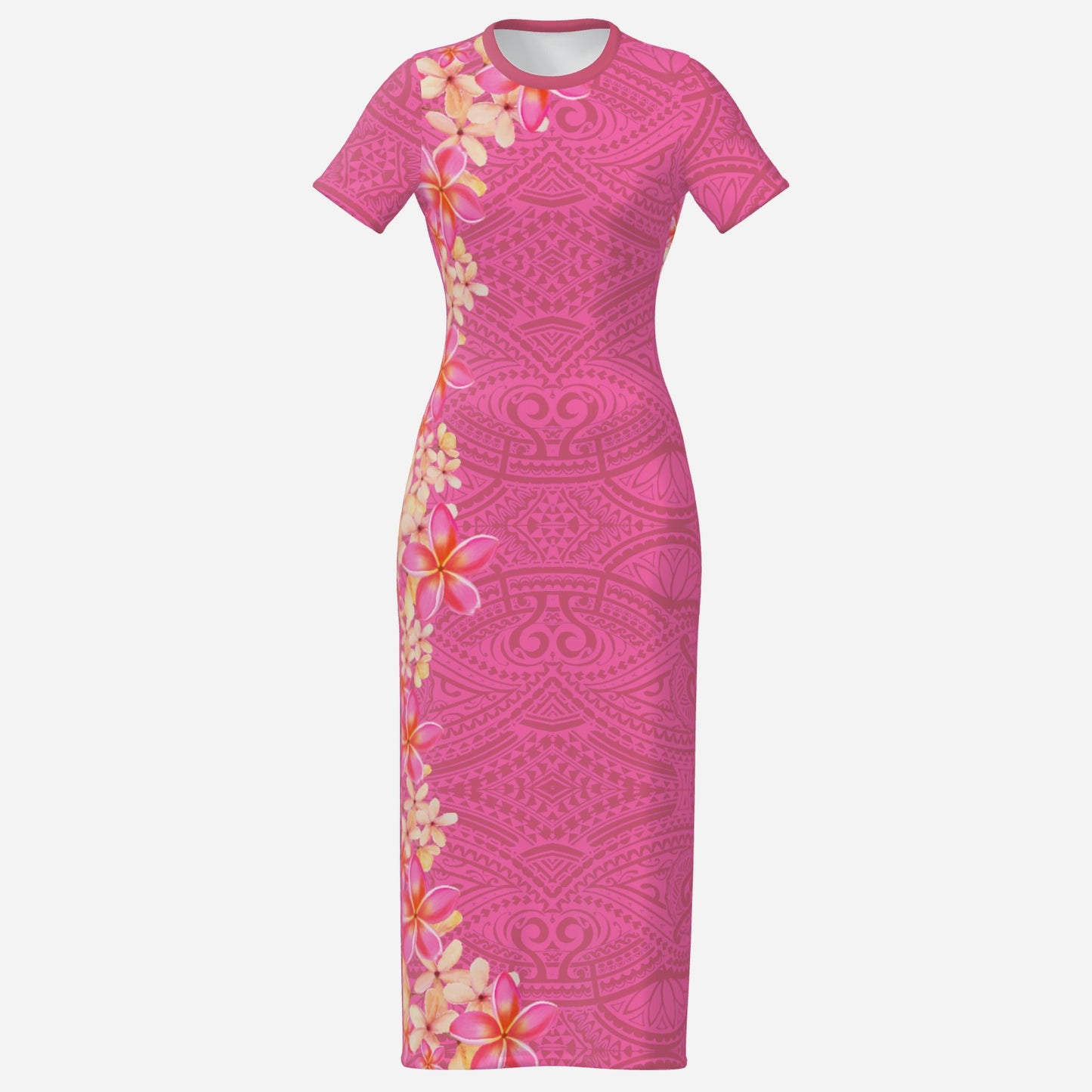 FijiVibe Pink Tribal Women's O Neck Slim Long Dress
