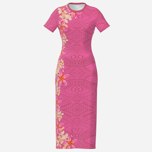 FijiVibe Pink Tribal Women's O Neck Slim Long Dress