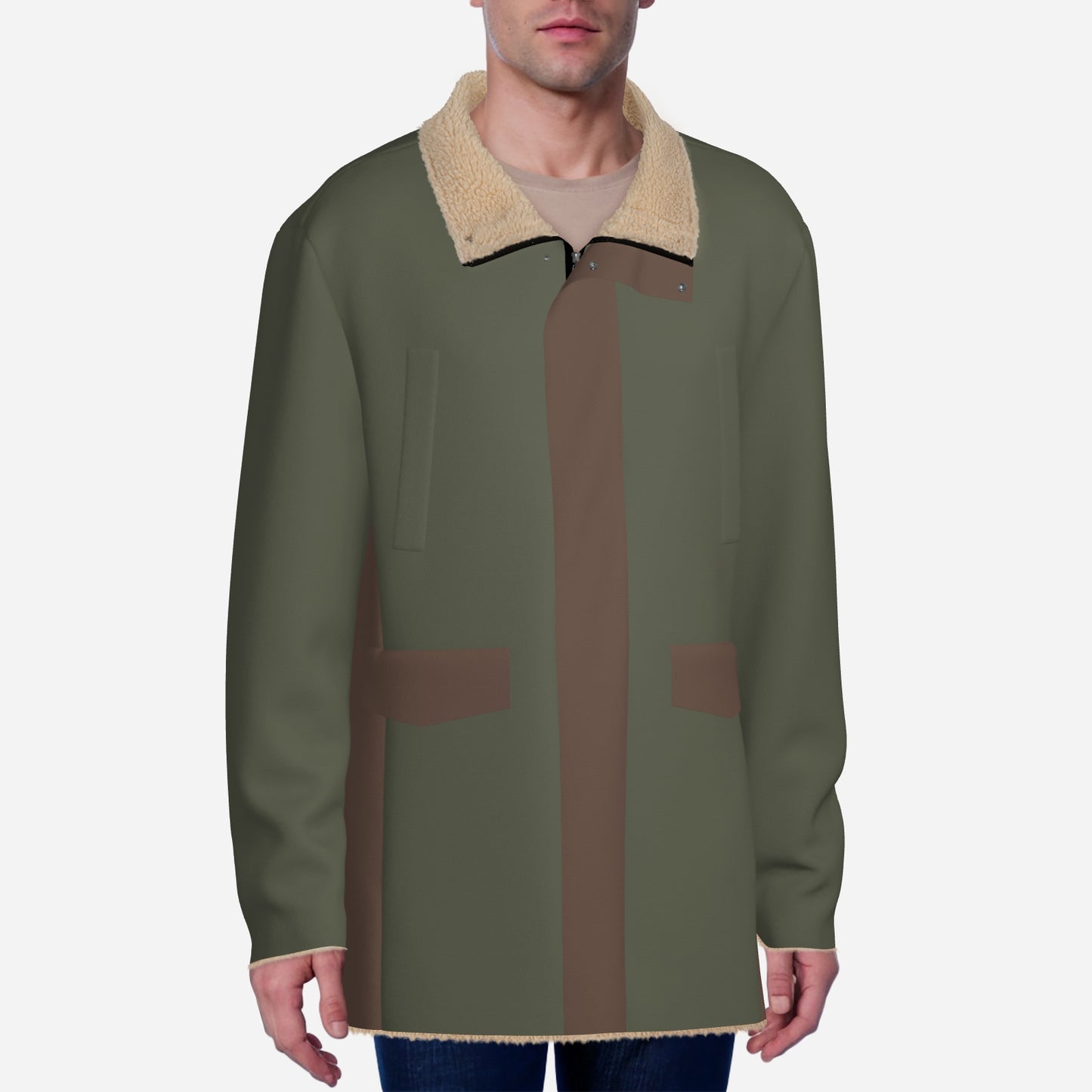 Olive Green & Brown Men's Long Zippers Windbreaker Jacket