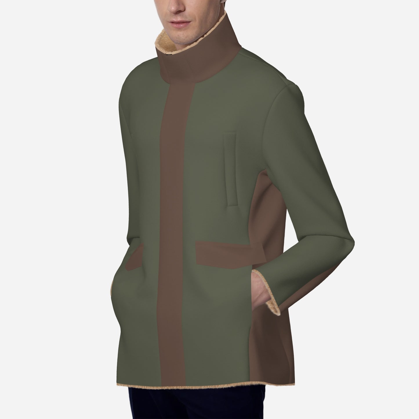 Olive Green & Brown Men's Long Zippers Windbreaker Jacket